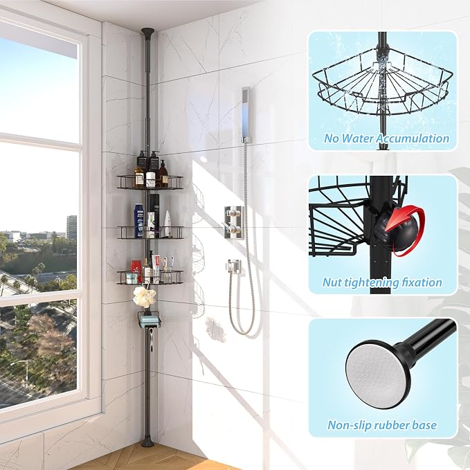 BsBsBest Shower Organizer Caddy - Stainless Steel Shower Shelves Rack, Adjustable Organization And Storage Head Holder, Rustproof Tension Pole, Black - Image 3