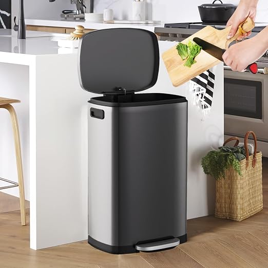 ELPHECO Kitchen Trash Can with Lid Soft Close, 13 Gallon / 50L Stainless Steel Pedal Garbage Can, Heavy-Duty Step Wastebasket with 20 Bags, Removable Bucket, Home Office, Titanium Silver - Image 2