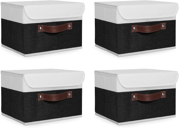 ANMINY 4PCS Storage Boxes with Lid Washable Decorative Storage Bins Basket with PU Leather Handle Foldable Linen Fabric Storage Cubes Containers for Home Closet Organizer - Black White, Small Size by ANMINY