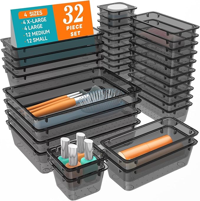 WOWBOX 32 PCS Clear Plastic Drawer Organizer Set, 4 Sizes Desk Drawer Organization and Storage Containers for Makeup, Cosmetics, Jewelry and Gadgets in Kitchen, Bathroom, Bedroom, Office, Clear Black by WOWBOX