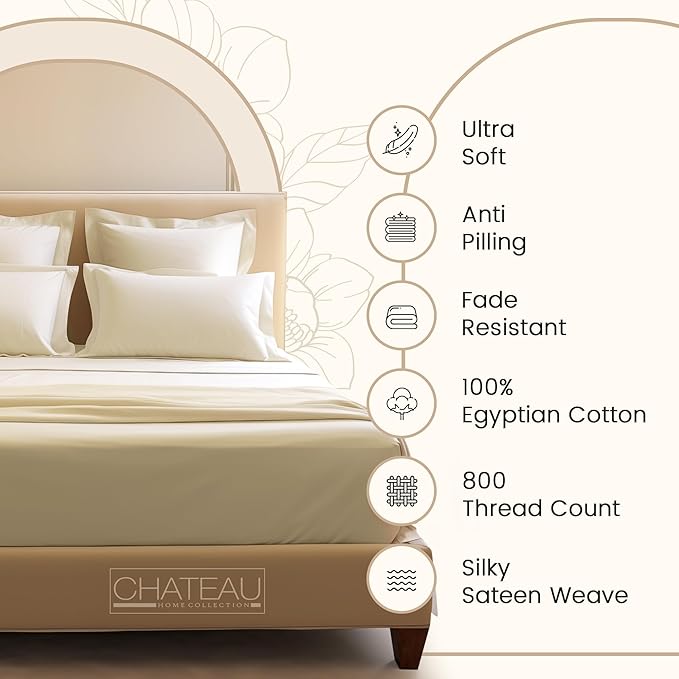 800TC Egyptian Cotton Bedding Sheets & Pillowcases - Queen Sheet Set - Soft, Durable and Luxurious 4PC Sateen Weave Ivory Bed Sheets for Queen Size Bed, No Pill & Shrink Thick Machine Washable
