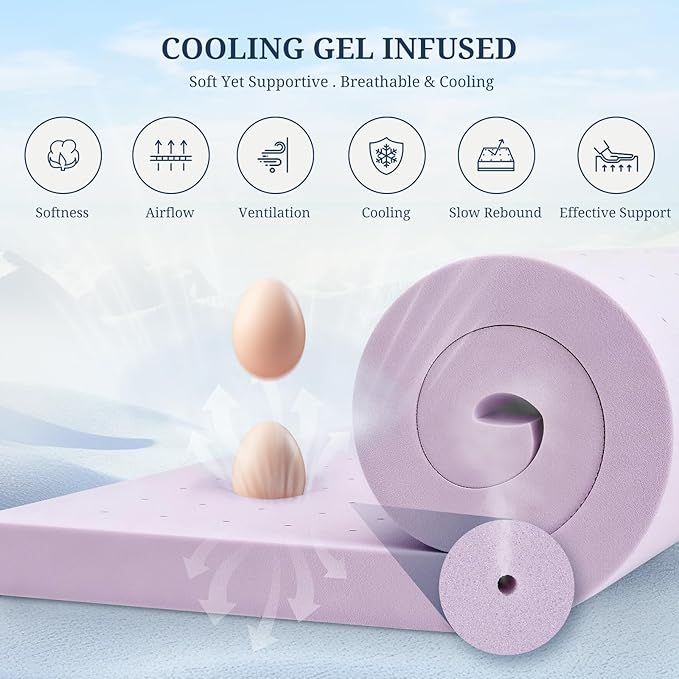2 Inch Mattress Topper Twin XL, Gel Infused Memory Foam Mattress Topper for Pressure Relief, Breathable Bed Topper in a Box, CertiPUR-US Certified, Purple, 38"×80"