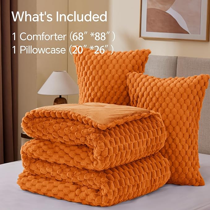 BEDELITE Fluffy Twin Comforter Set - Burnt Orange Fleece Soft Comforter for Twin Size Bed, Luxury Warm Bedding Set for Winter, Fuzzy Bed Set 2 Pieces (1 Comforter, 1 Pillowcase)