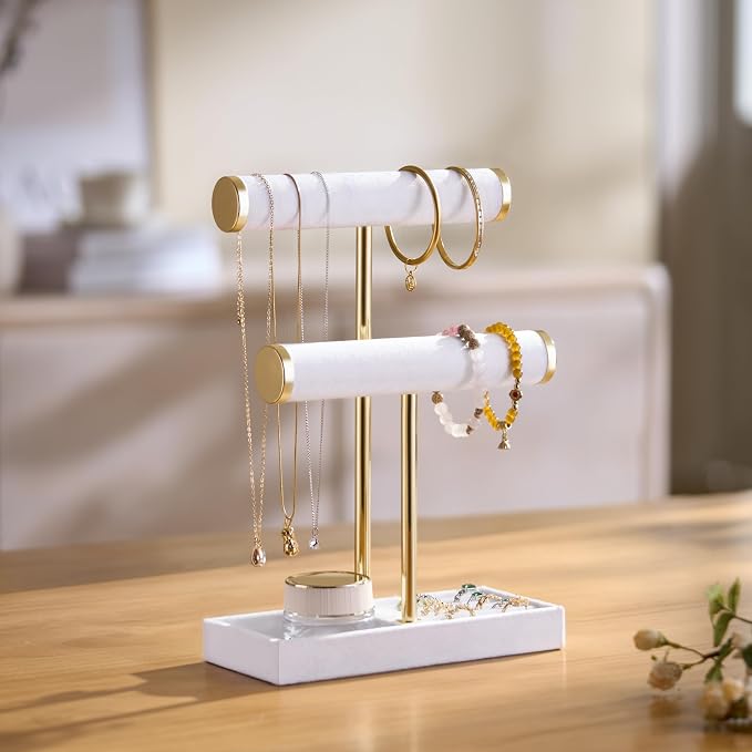 bussdis 2 Tier Bracelet Holder Display - Detachable T Bar White Velvet Bracelet Holder, Jewelry Holder Organizer for Bracelet, Necklace, Earrings, Rings - Image 2
