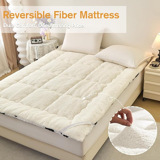 Full Mattress Pad 54 x 75 inches, Warm Thicken Velvet Mattress Protector Breathable and Comfortable with 4 Elastic Band, Deep Pocket Stretchable up to 15 inches Washable, Cow Pattern
