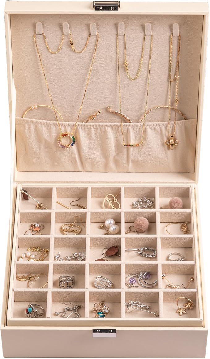 Frebeauty Earring Organizer Classic Jewelry Box 50 Slots Double Layer Jewelry Storage Case with 6 Necklace Hook and Bracelet Pocket(Beige) - Image 2