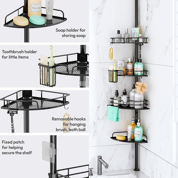 SWTYMIKI Shower Caddy Tension Pole - 4-Tier Corner Shower Organizer Tension Rod, Toothbrush Holder & 4 Hooks, Adjustable Stainless Steel Bathroom Organizer 27.6 to 108.3 inch, Black with Towel Bar - Image 6