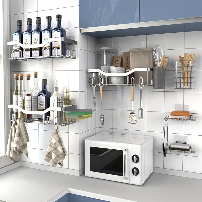 NESOMI Shower Caddy Adhesive Shower Organizer 8-Pack, Rustproof Stainless Steel Bathroom Shelves, Large Capacity No-Drill Rack Storage Accessories with Soap Dish Toothbrush Holder Hooks - Image 6