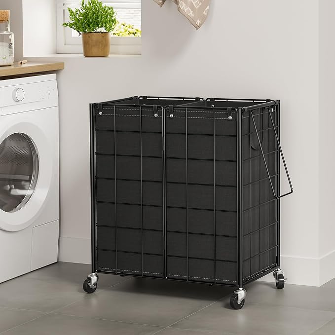 WOWLIVE Double Laundry Hamper with Wheels,Metal Wire Frame Rolling Laundry Basket with 2 Removable bags,120L Dirty Clothes Hamper Organizer Dorm Room Storage for Bedroom,Bathroom,Black - Image 3