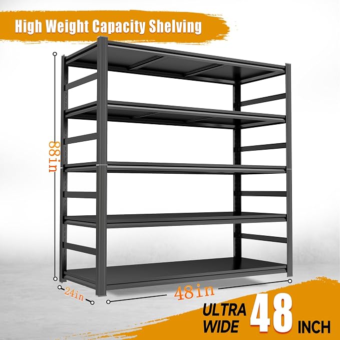 88" H×48" W Garage Shelving,6-Tier Heavy Duty Shelving, 3000 lbs Capacity Garage Storage Shelves, Industrial Shelves for Heavy Tools and Equipment, Ideal for Garage, Basement, Black - Image 2