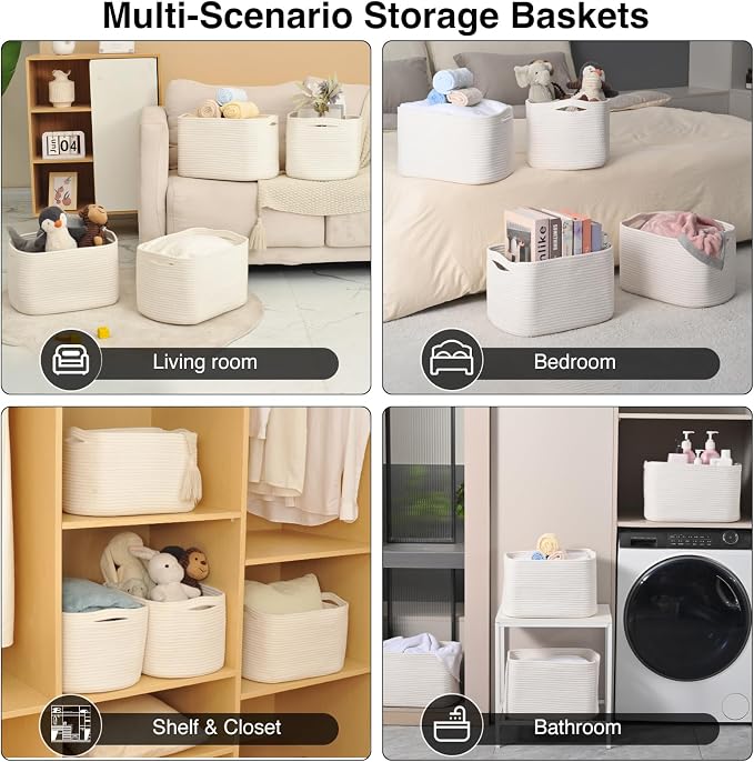 ICERZCZ Storage Baskets for Organizing & Shelves, Woven Cotton Rope Organization Bins for Dog Toys, Clothes, Books, Nursery Organizer, 15" Lx11''Wx9.5''H, (4 Packs) Off White - Image 5
