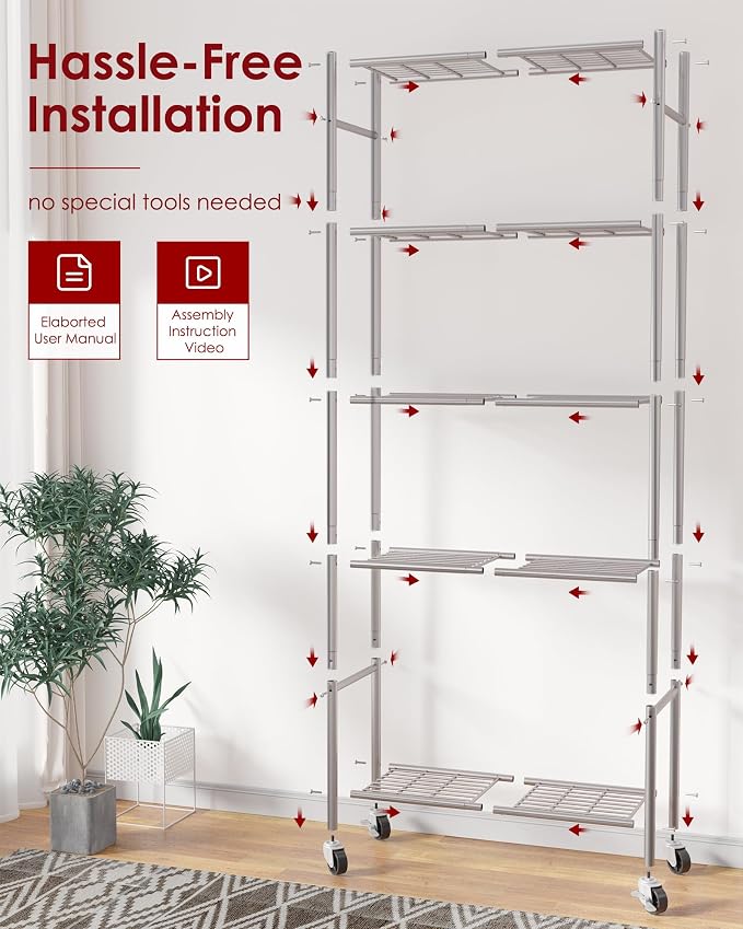 Sakugi Storage Shelves Organizer - 5 Tier Metal Shelf Organizer with Metal Wheels and Adjustable Leveling Feet, Heavy Duty Garage Shelving for Kitchen, Pantry and Closet, 33.1"x12.6"x73.5", Sliver - Image 9
