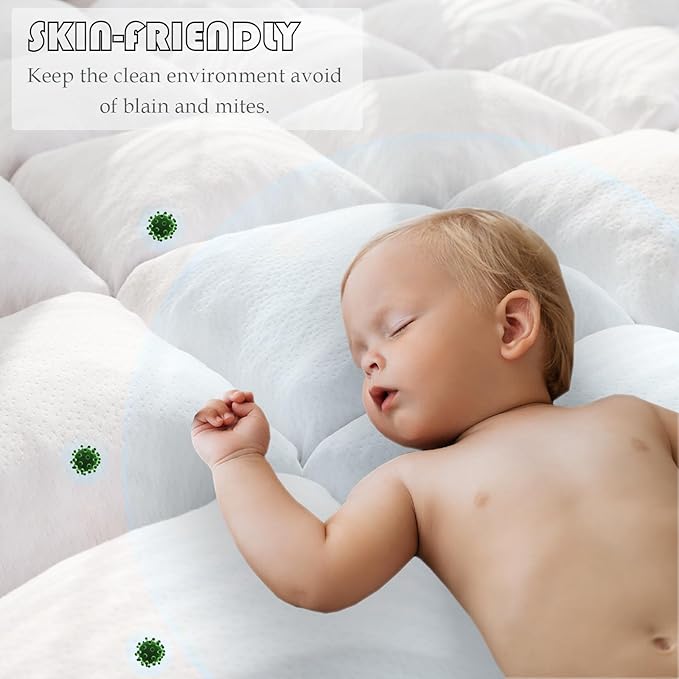 WhatsBedding Memory Foam Mattress Topper Queen Size Memory Foam Filled Warming Cooling Fluffy & Soft Pillow Top, Anti-Slip Bottom, 4 Elastic Straps, 80x60 Inch, Queen