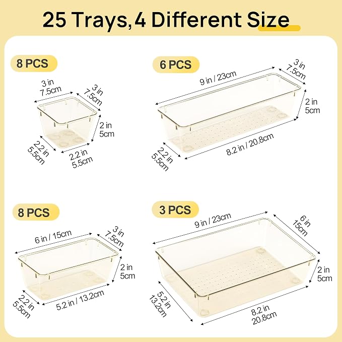 Vtopmart 25 PCS Clear Plastic Drawer Organizers Set, 4-Size Versatile Bathroom and Vanity Drawer Organizer Trays, Storage Bins for Makeup, Bedroom, Kitchen Gadgets Utensils and Office - Image 7