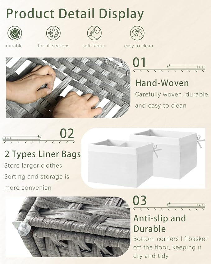 SETVSON Storage Basket with Lid Rattan Storage Basket with 2 Separate Lid, 27.8 Gallon (105 L) 25.2 * 15.4 * 16.1 Inches Woven Wicker Baskets with 2 Liners and Handles for Bedroom Laundry-Gray - Image 3