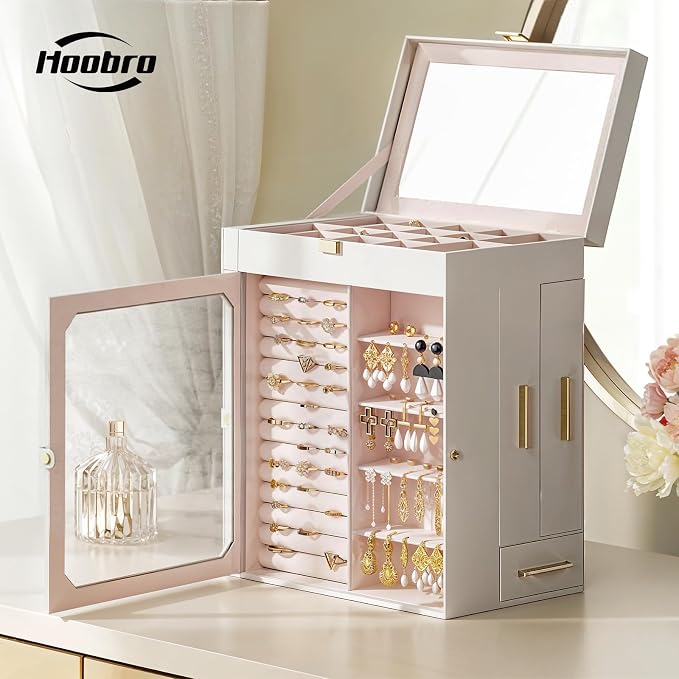 HOOBRO Jewelry Box with Mirror, Travel Jewelry Organizer with Glass Window, Jewelry Storage Case, Vertical Storage, Gift for Loved Ones, for Earrings, Rings, Necklaces, Bracelets, White WT03JB04G2 - Image 2