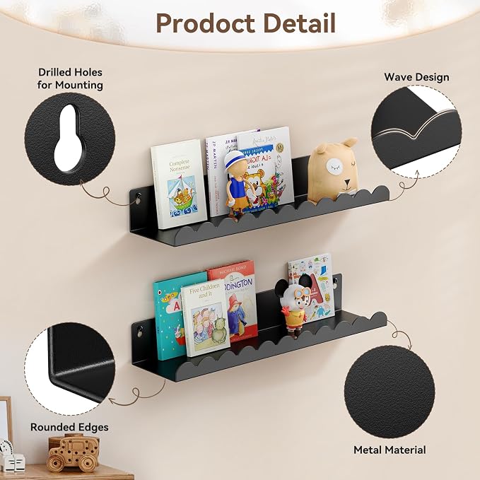 Nursery Book Shelves, 17 Inch Metal Floating Shelves for Wall 4 Pack, Scalloped Shelves, Wall Mounted Book Shelf for Kids Bedroom, Baby Room, Nursery Decor （Black） - Image 4