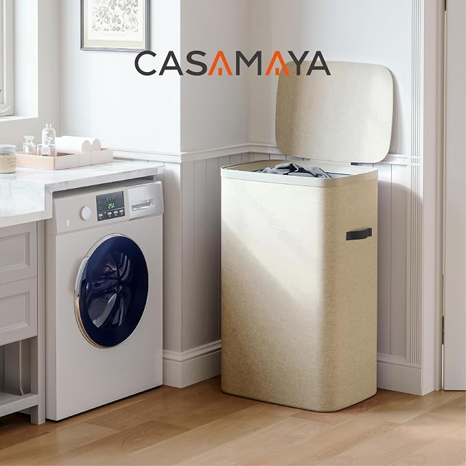 CASAMAYA Laundry Basket with Lid, Laundry Hamper 100L, collapsible Laundry Organizer, Easy Assembly, with Handles and Removable Liners, 16.5 x 12.6 x 29.5 Inches, Beige JSP902M - Image 2