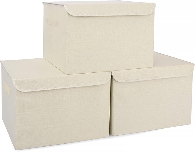 Bagnizer Large 42 Quarts Collapsible Stackable Storage Bins Cube with Lids [3-Pack] Foldable Fabric Linen Storage Boxes, Closet Organizer Baskets with Label for Home (16.7 x 12 x 12, Beige) by Bagnizer