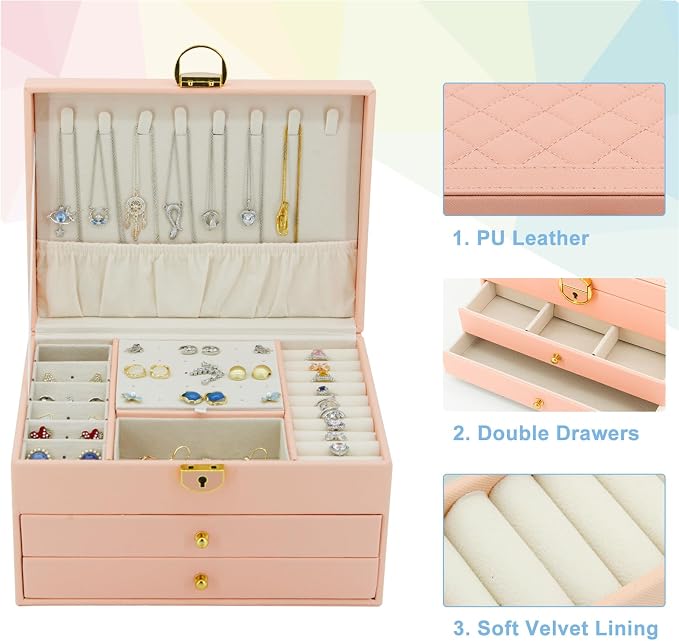 KOOAAICCHI Jewelry Box for Women, 3-Layer Jewelry Organizer, Jewelry Storage Case PU Leather for Earrings, Bracelets, Ring, Necklaces-Pink - Image 3