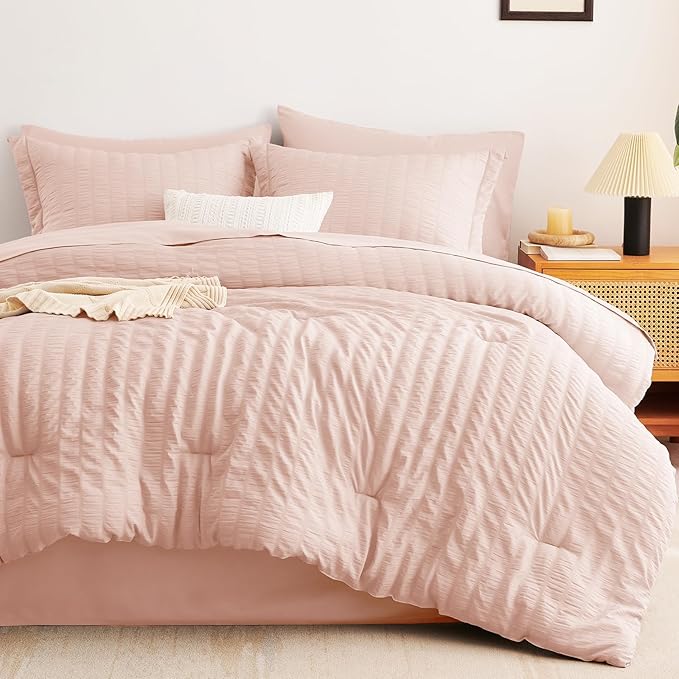 CozyLux Full Size Comforter Sets with Sheets 7 Pieces, Blush Pink Seersucker Bed in a Bag Textured Luxury Soft Bedding Sets with Down Alternative Comforter, Sheets, Pillowcases & Shams for All Seasons