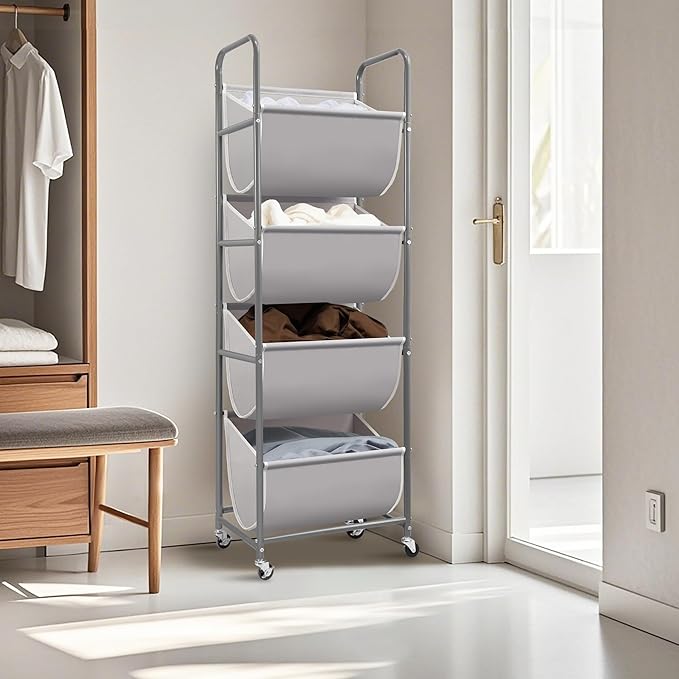 STORAGE MANIAC Vertical Rolling Laundry Hamper, 4 Section Laundry Sorter with Wheels and 2 Breaks, 4-tier Laundry Baskets for Small Space, Dorm, Laundry Room, Closet, Bathroom, Gray 4-tier - Image 7