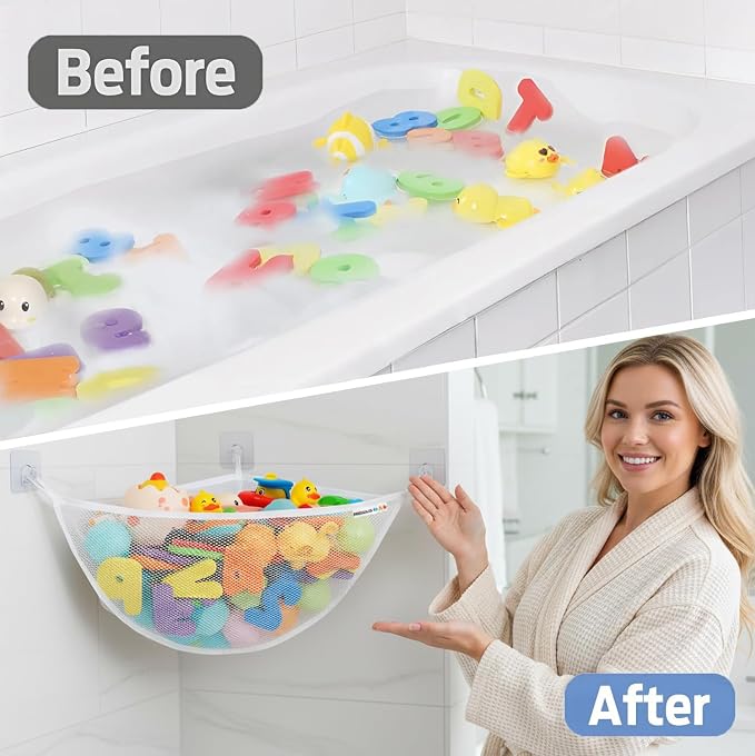 Bath Toy Storage Organizer for Bathtub – Large Mesh Bath Toy Holder & Bath Toy Net, Corner Bathtub Toy Storage with 3 Strong Suction Cups, 3 Adhesive Hooks, Quick-Dry Toy Holder for Tub & Shower - Image 4