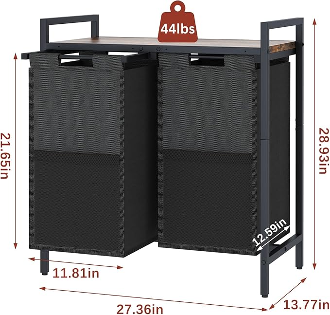 Huhote Laundry Hamper, double Laundry Basket, Laundry Sorter with Top Shelf & 2 Removable Washable Bags & Side Pockets for Laundry Room organization, Bathroom and Dorm, Rustic Brown and Black - Image 3