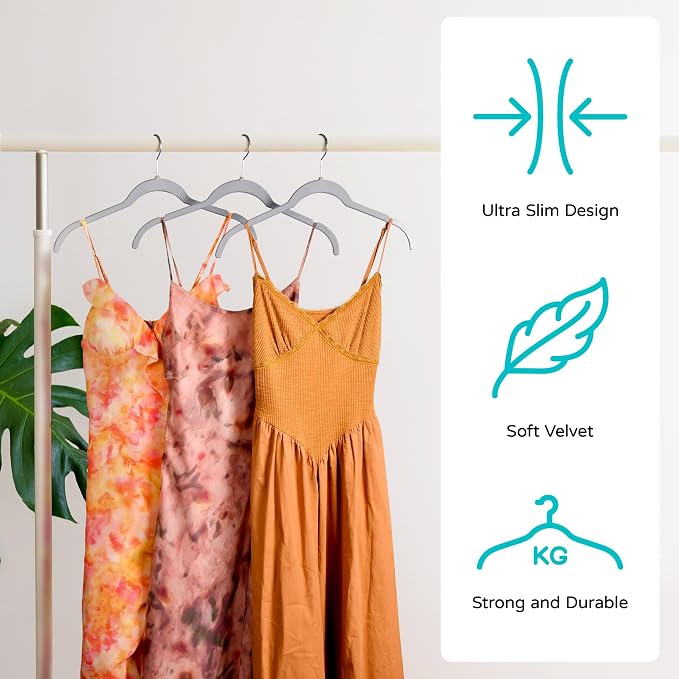 Sishynio Premium Velvet Shirt Hangers 30 Pack, Space-Saving Non-Slip Felt Hanger with 360° Swivel Hook, Slim Flocked Hangers for Strappy Dresses, Blouses, Tank Tops(Grey) - Image 3