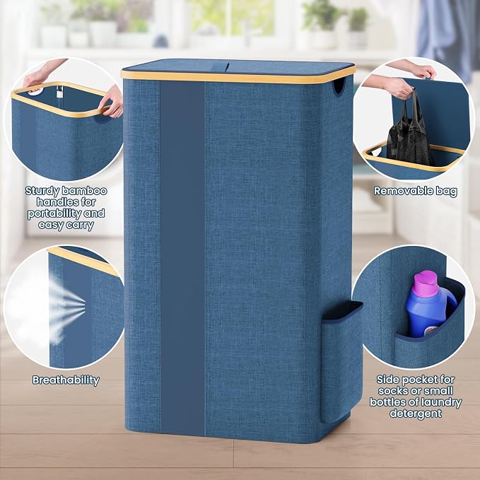 BlissTotes Laundry Basket with Lid, 100L Clothes Laundry Hamper with Handles and Removable Laundry Bag, Breathable Design Hamper with Lid for Bedroom, Bathroom, Dorm, Laundry Room - Light Blue - Image 6