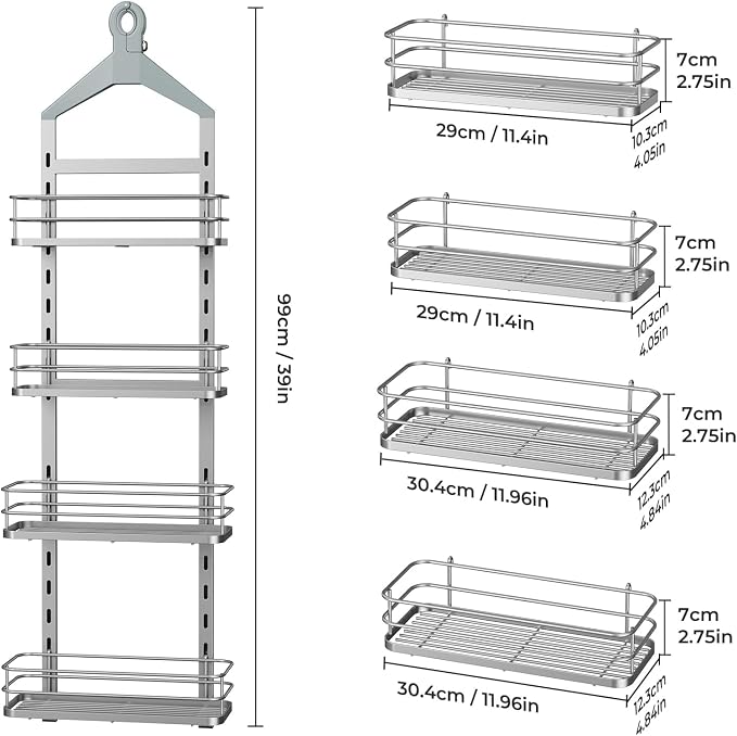 ODesign 4 Tier Height-Adjustable Shower Caddy Hanging Anti-Swing-Over The Shower Head Caddy- Storage Organizer Bathroom Shelves Basket Caddies-Silver - Image 9