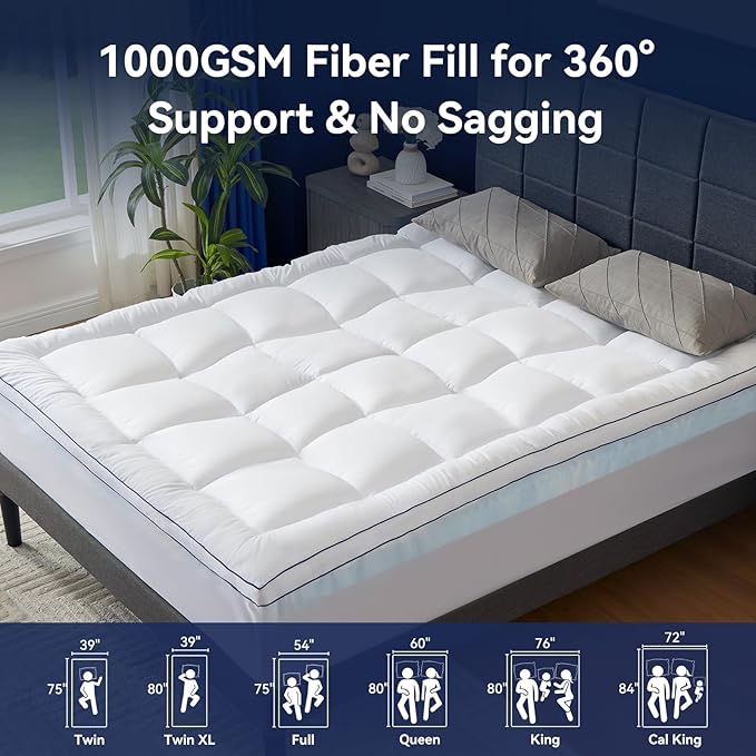 California King Size Dual Layer 4 Inch Memory Foam Mattress Topper, 2 Inch Fluffy Soft Pillow Top Mattress Pad Cover and 2 Inch Gel Memory Foam for Back Pain Relief, Breathable, Cooling