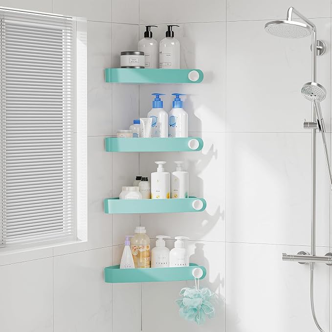 Sotfamily Plastic Shower Caddy Corner (For 90° Only), 4 Pack Adhesive Corner Shower Shelves for Bathroom Organizers and Storage, Turquoise by Sotfamily