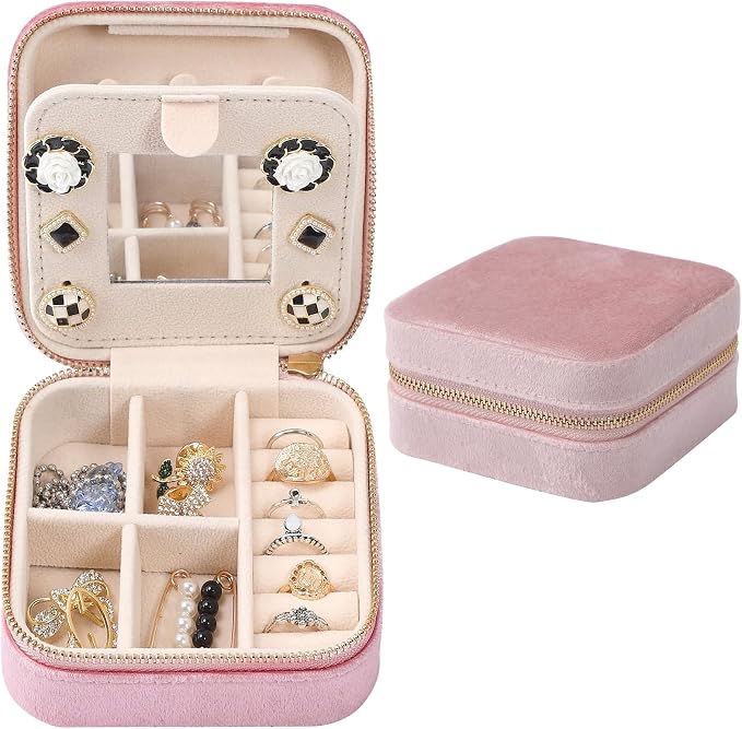 Dajasan Velvet Travel Jewelry Box, Mini Travel Jewelry Case, Small Portable Travel Jewelry Organizer Box with Mirror for Earrings Bracelets Rings Necklace (Pink) by DAJASAN