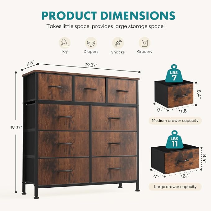 OLIXIS Dresser for Bedroom, 9 Storage Drawers, Wide Fabric Closet Chests Organizer Tower Furniture, TV Stand with Wooden Top Metal Frame for Clothes, Living Room, Hallway, Entryway, Rustic Brown - Image 3