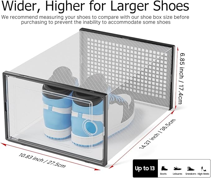 Kuject XX-Large Shoe Storage Boxes Organizers Clear Plastic Stackable 12 Pack, Shoe Rack & Holder Substitute, Sneaker Containers, Shoe Storage Organizer Bins for Closet, Under Bed, Black(No Fold Line) - Image 2