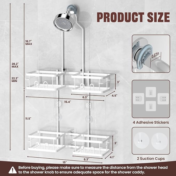 REINHARDT Adjustable Shower Caddy Hanging Rustproof Shower Caddy for Handheld Showerheads, Shower Organizer with Hooks Soap Holder Toothbrush Holder, Anti-Swing Shower Rack Bathroom Accessories, White - Image 6