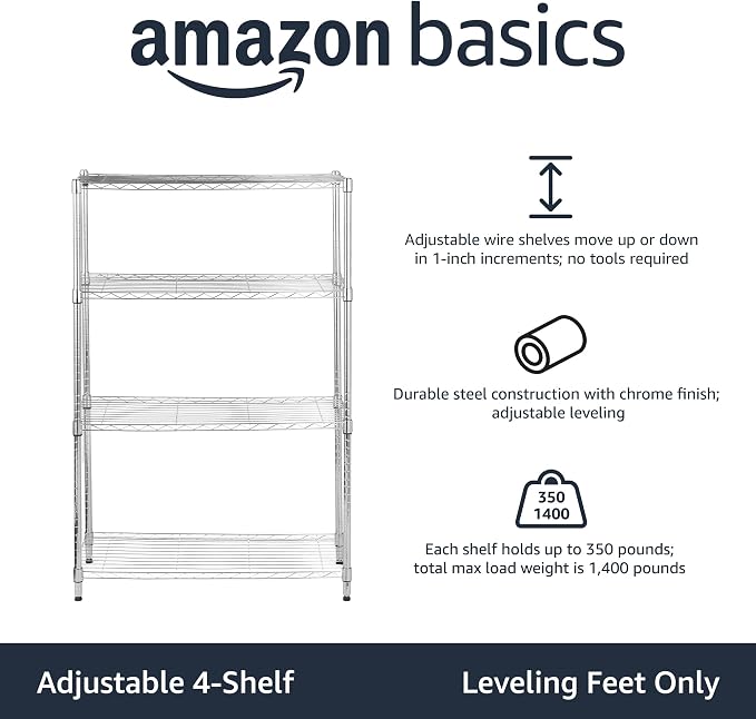 Amazon Basics 4-Shelf Adjustable Heavy Duty Steel Wire Rack Storage Shelving Unit for Kitchen, Garage, Easy Assembly, 350 lbs Per Shelf, 36" x 14" x 54", Chrome Silver - Image 4
