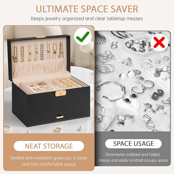 AKOZLIN Travel Jewelry Box Organizer Functional 2-trays Leather Jewelry Storage Case with Lockable Portable Drawer for Women Girls Ring Necklace Earring Bracelet - Image 8
