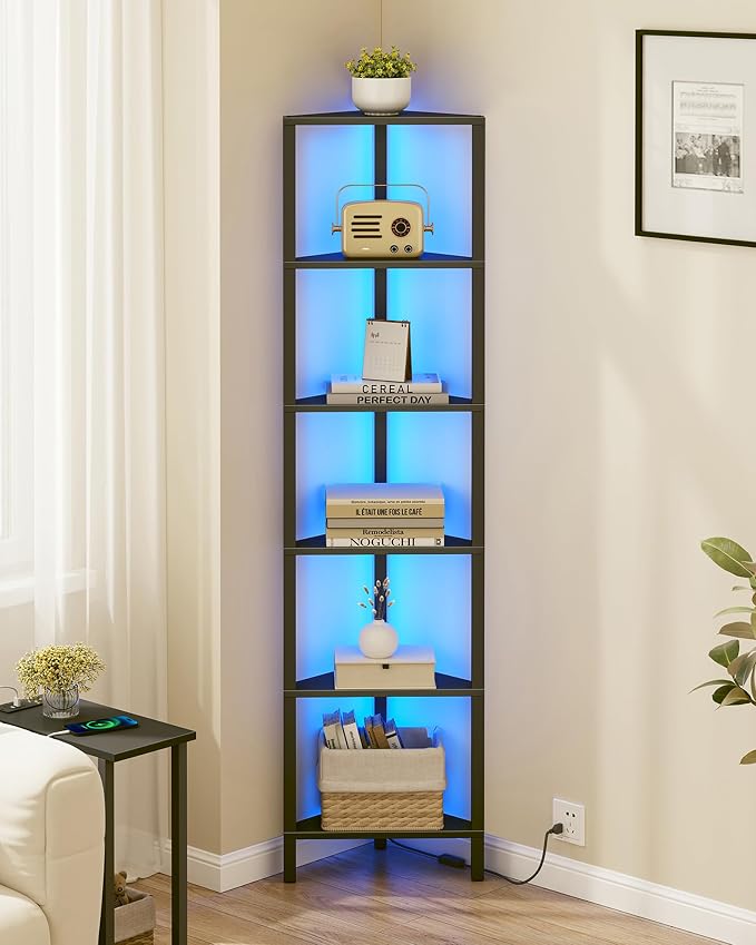 TUTOTAK Corner Shelf with LED Light, 6-Tier Corner Bookshelf for Small Space, Narrow Display Corner Shelf Stand with Storage Rack, for Living Room, Bedroom, Black BS05BK006L by ChoosetutotakFurnitureBuildYourCozyHome