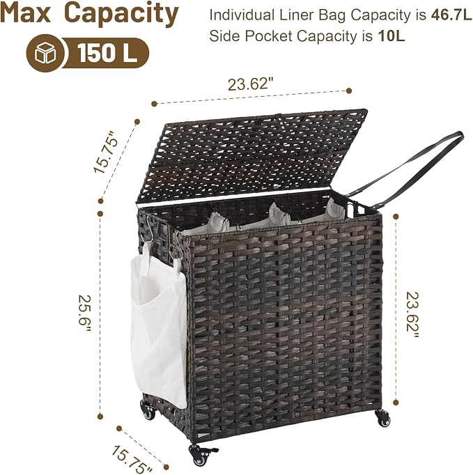 Laundry Hamper with Wheels, 39.6 Gallon(150L) Rolling Laundry Basket with Lid, 3-Section Rattan Clothes Hamper with 3 Removable Liner & 3 Mesh Bags, Laundry Sorter with Side Pocket, Brown - Image 4