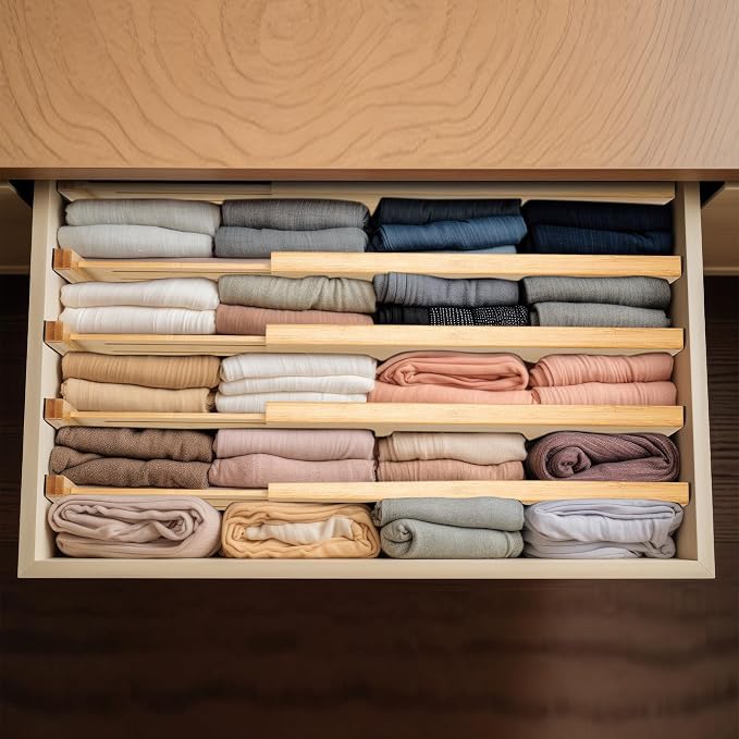 Fabsome Dresser Drawer Organizers 6 Pack, 4.65'' High Adjustable from 17-22‘’ Bamboo Drawer Dividers for Clothing Baby Clothes, Wooden Separators for Dresser Nursery Organization with Soft Foam Ends - Image 3