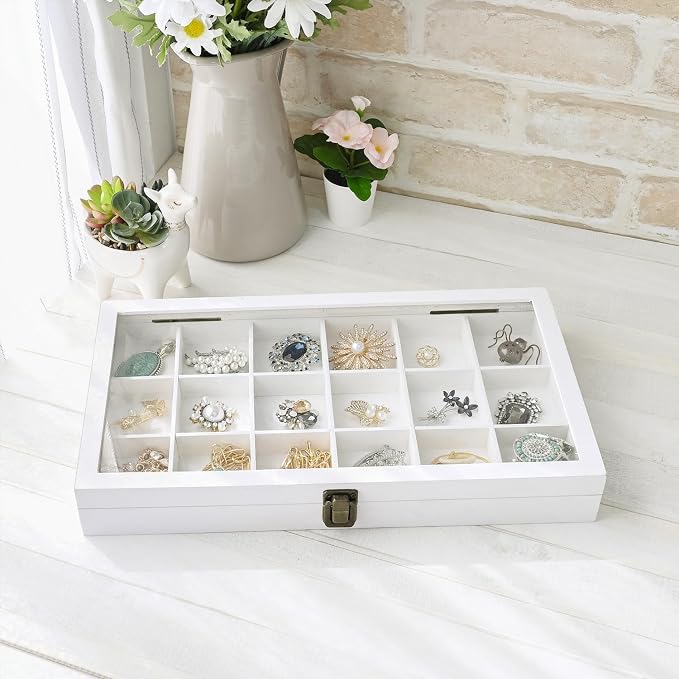 MOOCA Wooden Display Storage Case with Tempered Glass Lid for Jewelry and Beads with 18 Compartments Tray, 15 W x 8 3/8 L x 2 1/8 H in, Wash White Color - Image 7