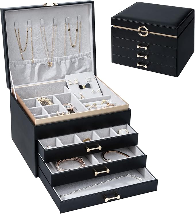 Jewelry Box，4-Layer Large Jewelry Organizers for Women with 3 Drawers,Storage Modern Style Jewelry Boxes Storage of Earrings Rings Bracelets Necklace（Black） by HOME
