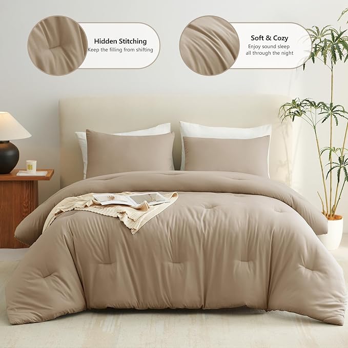 CozyLux Queen Comforter Set Taupe, 3 Pieces Solid Comforters Queen Size Breathable Quilted Bedding Sets, Luxury Soft Lightweight Bed Set with Down Alternative Comforter and 2 Pillowcases All Seasons