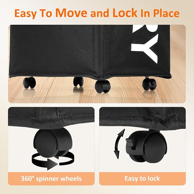 Optish Laundry Basket with Wheels, 90L Rolling Laundry Hamper with Wheels, Large Clothes Hamper on Wheel with Removable Mesh Bag for Bedroom, Dorm Room Essentials, Black - Image 4