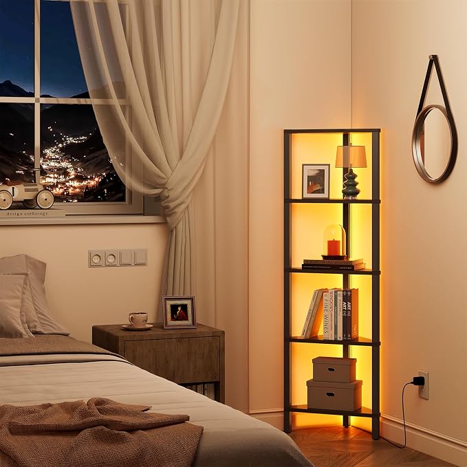 TUTOTAK Corner Shelf with LED Light, 5-Tier Corner Bookshelf for Small Space, Narrow Display Corner Shelf Stand with Storage Rack, for Living Room, Bedroom, Black BS05BK005L - Image 3