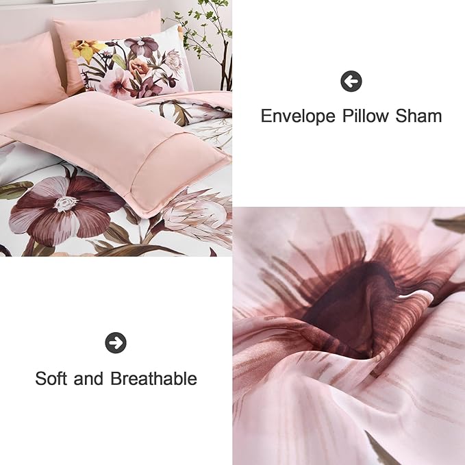 Luxudecor Floral Comforter Set Full Size 7 Piece, Blush Flower Bed in a Bag, Elegant Floral Comforter with Sheet Set, Soft Microfiber Bedding Set for All Season (Blush, 80"x90")