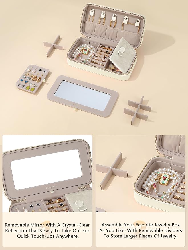 Travel Jewelry Case with Mirror, Quilted Small Jewelry Box Organizer for Women Girls, Portable Earring Necklace Bracelet Ring Holder Storage for Travel Weekend Trips (Beige) - Image 4