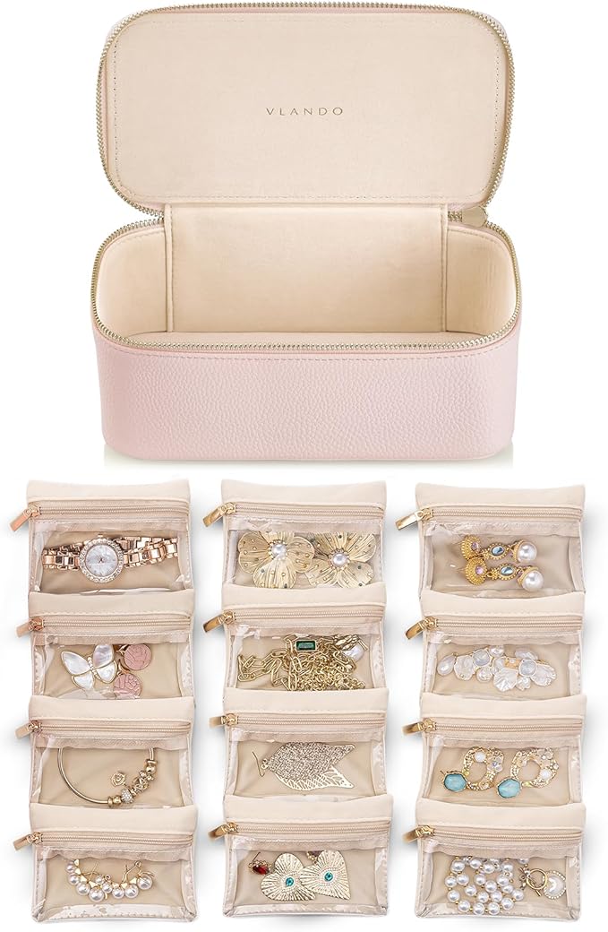 VLANDO Jewelry Box Organzier for Travel,Graduation Gifts for Daughter,Jewelry Case with 12 Pcs Velvet Jewelry Bags for Earrings Necklace Rings,Valentine's Day,Birthday, Wedding Gift for Wome-Pink by VLANDO